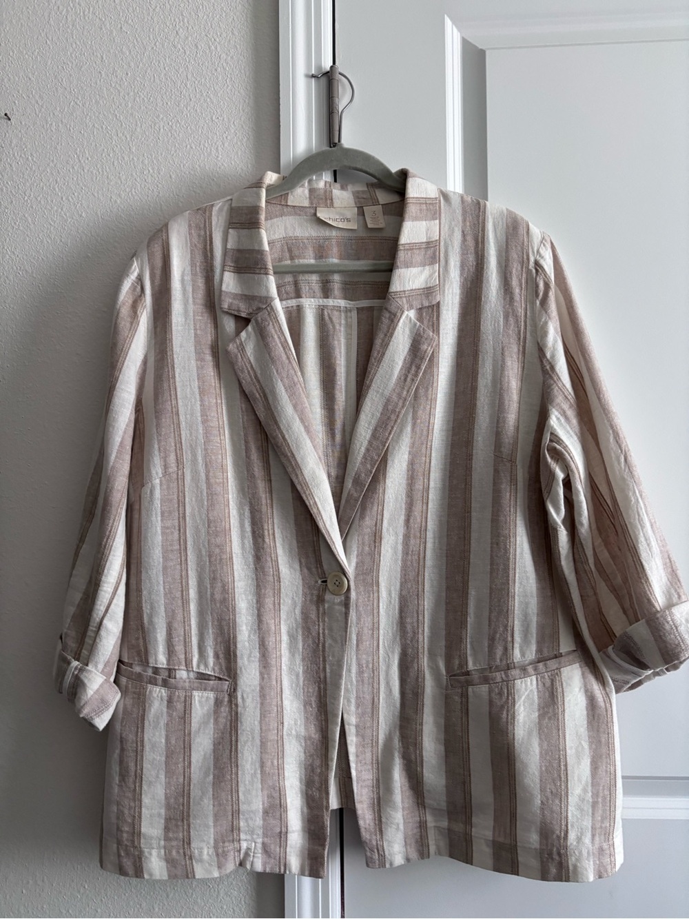 Chico's Striped Relaxed Blazer in Beige and White